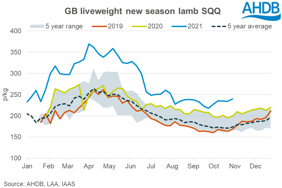 Chart of lamb prices for end of Oct 2021